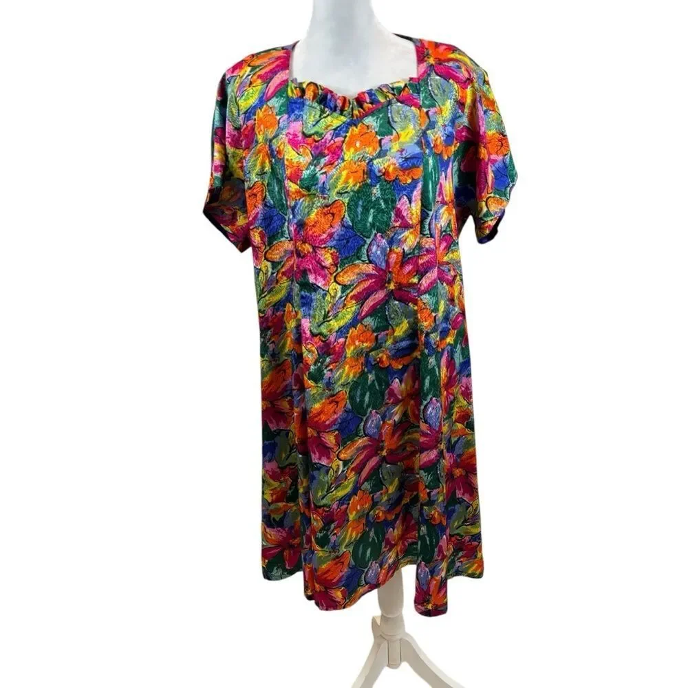 Handmade Vintage Floral Print Ruffle Neck Shift Dress Size Large‎